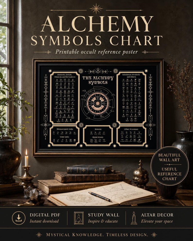 Puede incluir: Un p&oacute;ster negro y dorado titulado Alchemy Symbols Chart que presenta un diagrama circular central rodeado de cuadr&iacute;culas categorizadas de s&iacute;mbolos ocultos, unidades de medida, estaciones y aparatos, en un marco de madera oscura.