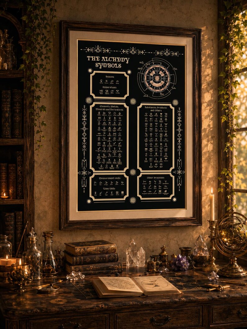 May include: A framed wall art print titled The Alchemy Symbols featuring a black background with white text and diagrams detailing various chemical and elemental icons, arranged in organized sections within a dark wooden frame.