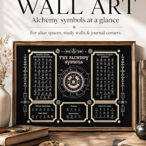 Puede incluir: Una l&aacute;mina de arte mural rectangular enmarcada con fondo negro y texto e ilustraciones en tono dorado. La l&aacute;mina se titula THE ALCHEMY SYMBOLS y muestra varios cuadros, incluyendo elementos, metales, minerales y derivados.