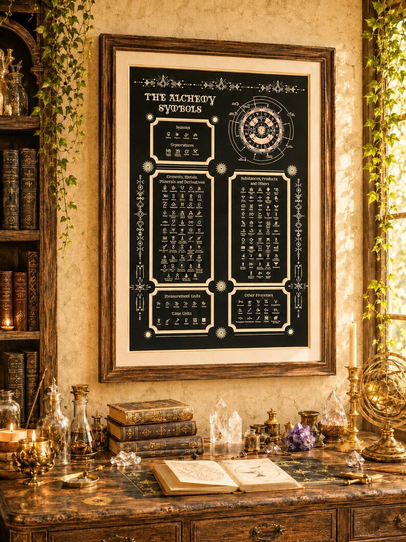 May include: A framed wall poster titled The Alchemy Symbols featuring a black background with white text and diagrams. The chart displays various categories including seasons, temperatures, elements, metals, minerals, measurement units, and time units.