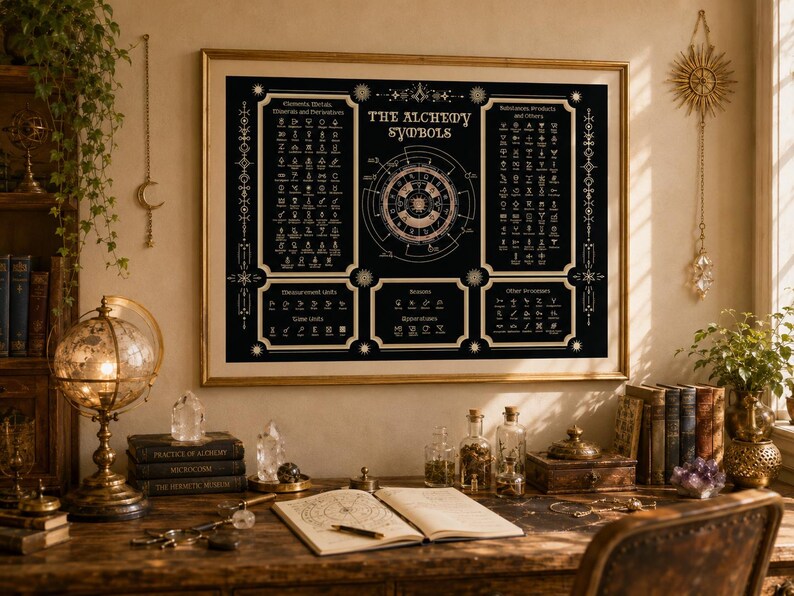 Puede incluir: Un p&oacute;ster de pared rectangular titulado The Alchemy Symbols con un fondo negro con texto y diagramas de color dorado. El p&oacute;ster muestra varios s&iacute;mbolos alqu&iacute;micos categorizados, incluidos elementos, metales y unidades de medida.
