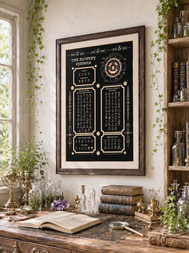 May include: A framed wall poster titled The Alchemy Symbols featuring a black background with gold text and illustrations of various alchemical icons, including sections for elements, metals, minerals, substances, products, and measurement units.