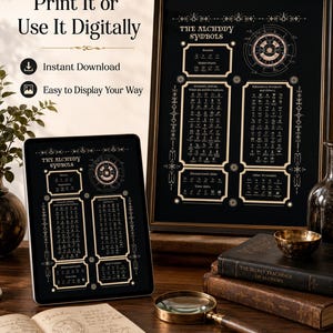 May include: A black and gold poster titled The Alchemy Symbols displayed in a frame and on a tablet screen. The design features various alchemical icons, charts, and diagrams. Text on the left reads Print It or Use It Digitally, Instant Download, and Easy to Display Your Way.