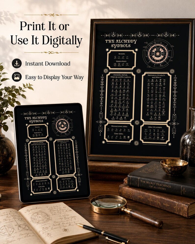 May include: A black and gold poster titled The Alchemy Symbols displayed in a frame and on a tablet screen. The design features various alchemical icons, charts, and diagrams. Text on the left reads Print It or Use It Digitally, Instant Download, and Easy to Display Your Way.