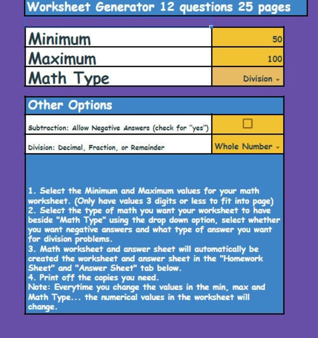 Math Worksheet Generator: Generate Worksheets With Options for 1 or 25