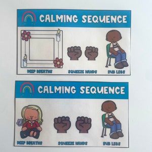 K&ouml;nnte beinhalten: Zwei bunte Karten mit dem Text "Calming Sequence" auf jeder. Die Karten zeigen eine Abfolge von drei Schritten, um sich zu beruhigen: tiefe Atemz&uuml;ge, H&auml;nde zusammendr&uuml;cken und Beine reiben. Die erste Karte zeigt eine Person mit brauner Haut, die zweite Karte zeigt eine Person mit blonden Haaren.