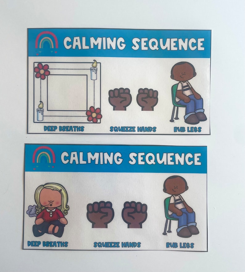 K&ouml;nnte beinhalten: Zwei bunte Karten mit dem Text "Calming Sequence" auf jeder. Die Karten zeigen eine Abfolge von drei Schritten, um sich zu beruhigen: tiefe Atemz&uuml;ge, H&auml;nde zusammendr&uuml;cken und Beine reiben. Die erste Karte zeigt eine Person mit brauner Haut, die zweite Karte zeigt eine Person mit blonden Haaren.