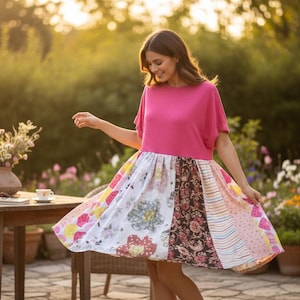Vestido estilo camiseta con patchwork rosa intenso