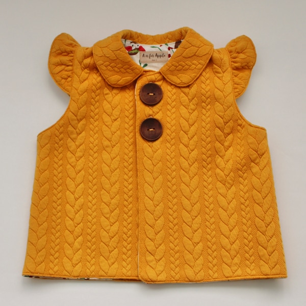 Handmade Baby Vest with Peter Pan Collar & Flutter Sleeves, size 2, Mustard Knit Look with Owl Fabric Lining