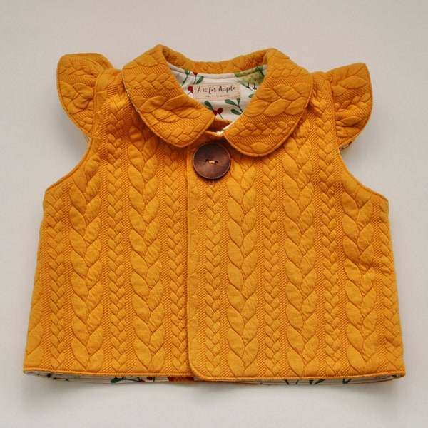 Handmade Baby Vest with Peter Pan Collar & Flutter Sleeves, size 9 - 12 months, Mustard Knit Look with Owl Fabric Lining