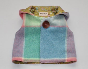 Handmade Upcycled Wool Baby Vest with Hood, size 6 - 9 months, pastel colours check with bird print lining