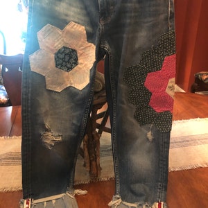 Custom Zara Basic Denim Jeans.  Size 8.  Cuffed with pearl details, custom vintage quilt pieces accent the jeans.  Vintage/Retro/Boho Vibe!