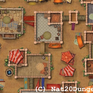 Desert Town Battlemap Streets Roof Encounter, DnD Battle Map, D&D, Dungeons and Dragons, 5e, Roll20, Fantasy Grounds, VTT, digitale kaart