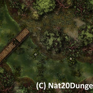 May include: Overhead view of a fantasy map featuring a wooden bridge spanning a dark green river. Lush green trees and foliage surround the water, creating a dense forest environment. The map is designed for tabletop role-playing games.