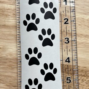 Puede incluir: Una calcoman&iacute;a blanca de tama&ntilde;o mediano con un patr&oacute;n vertical de huellas de patas negras, colocada junto a una regla de pl&aacute;stico transparente que muestra que la calcoman&iacute;a mide aproximadamente 16,5 cm de largo. La palabra Medium est&aacute; impresa arriba.