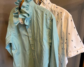 Ruffle collar upcycled men’s button down shirt -size large