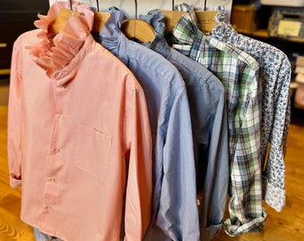 Large Ruffle collar upcycled men’s button down shirt -size large - selection changing weekly