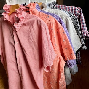 Large Ruffle collar upcycled men’s button down shirt -size large - selection changing weekly