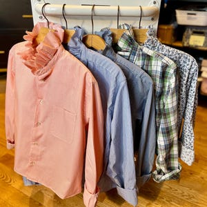 Ruffle collar upcycled men’s button down shirt - raw edges, rustic