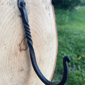 May include: A black metal hook with a twisted stem and a decorative curl at the end. The hook is mounted on a wooden surface.