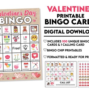 DIGITAL DOWNLOAD 100 - Valentines Day Printable Bingo Cards includes Calling Card and Chips