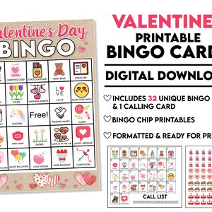 DIGITAL DOWNLOAD 32 - Valentines Day Printable Bingo Cards includes Calling Card and Chips