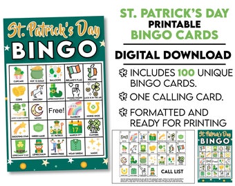 DIGITAL DOWNLOAD - 100 St. Patrick's Day Bingo Printable Cards, Chips, & Calling Card