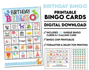 DIGITAL DOWNLOAD - Birthday 100 Bingo Cards - includes Calling Card & Chips