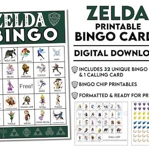DIGITALE DOWNLOAD ZELDA (The Legend of Zelda) afdrukbare bingokaarten inclusief telefoonkaart en chips