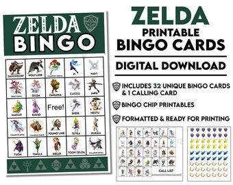 DESCARGA DIGITAL ZELDA (The Legend of Zelda) Tarjetas de Bingo imprimibles incluye tarjeta de visita y fichas