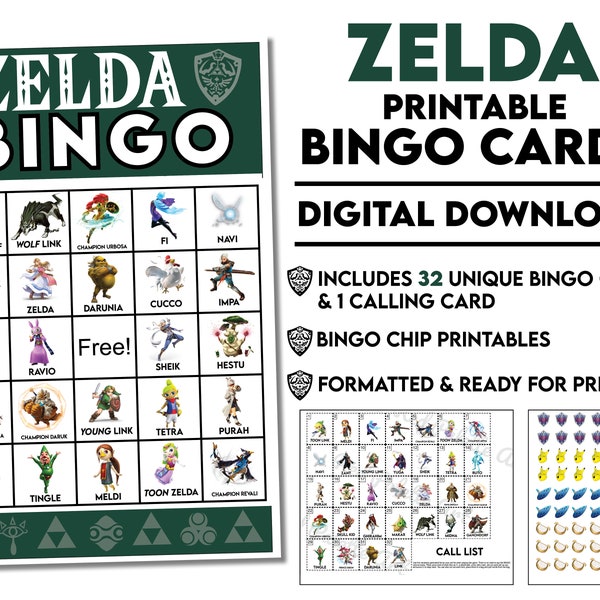 DIGITAL DOWNLOAD ZELDA (The Legend of Zelda) Printable Bingo Cards includes Calling Card and Chips