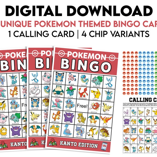 DIGITAL DOWNLOAD - Poket Mon Inspired 32 Bingo Cards - includes Calling Card & Chips