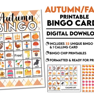 DIGITAL DOWNLOAD 32 Autumn Fall Printable Bingo Cards includes Calling Card and Chips