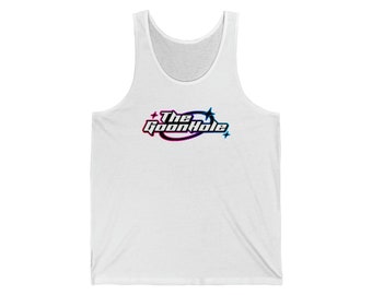 May include: White tank top with a colorful graphic that says "The Goon Hole" with stars on either side.