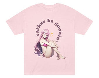 May include: Pink t-shirt with a graphic of an anime woman in a bikini with the text "rather be goonin'" in a retro font.
