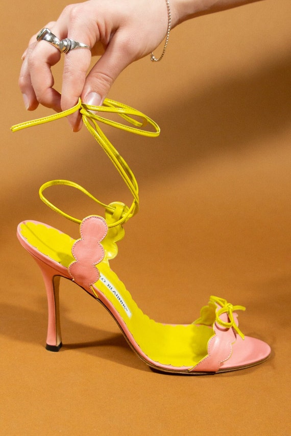 Bubblegum Pink and Yellow Leather Scalloped Strappy Sandals. - Etsy