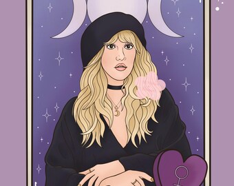 May include: A tarot card illustration titled "The Empress." The image shows a woman with blonde hair in a black outfit and hat. A crescent moon necklace and a heart with a female symbol are visible. The background is purple with stars.