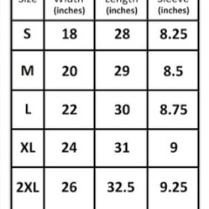 May include: Size chart showing width, length, and sleeve measurements in inches for sizes S, M, L, XL, and 2XL.