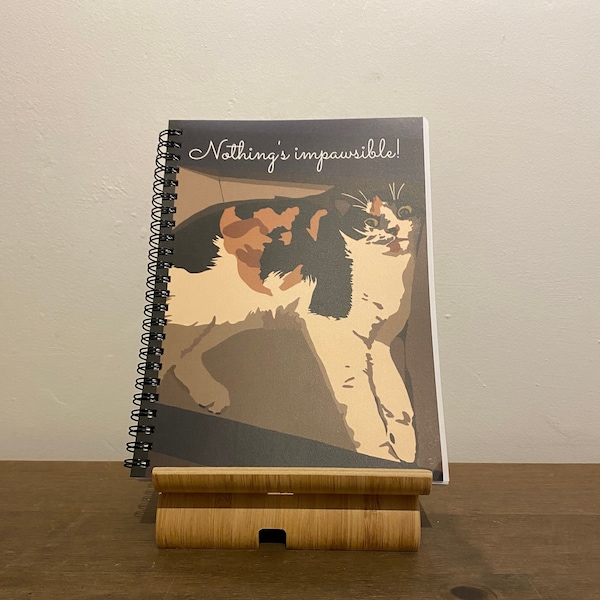 Personalised cat design A5 size spiral bound notebook with document pocket | "Nothing's impawsible!" | Calico cat | Tortoiseshell cat