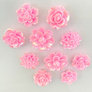 May include: Assortment of 10 pink iridescent resin flower embellishments. The flowers are in various styles, including roses, daisies, and carnations.
