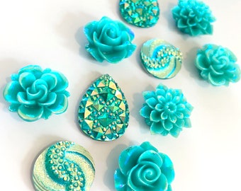 Flower Magnets, 10pc Set, Desk Magnets, Whiteboard Magnets, Cubicle Accessories, Office Decor, Turquoise Office Supplies, Locker Magnets