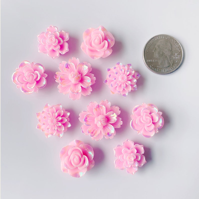 May include: Assortment of 10 pink iridescent flower embellishments. The flowers are various sizes and shapes, including roses and daisies. The flowers are approximately the size of a US quarter.
