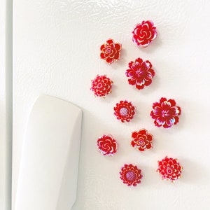 Iridescent Red Flower Magnets | Pretty Magnets | Red Home Decor | Red Magnets for Home Office Locker Cubicle Decor | Red Desk Accessories