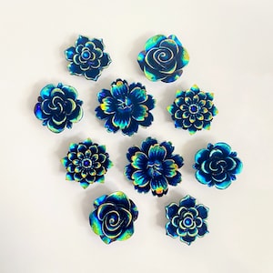 Iridescent Blue Flower Fridge Magnets, Set of 10 Pretty Magnets, Blue Magnets for Kitchen Office Cubicle Locker, Rose Flower Magnets