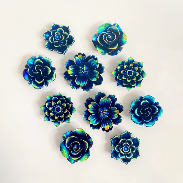 Iridescent Blue Flower Fridge Magnets, Set of 10 Pretty Magnets, Blue Magnets for Kitchen Office Cubicle Locker, Rose Flower Magnets