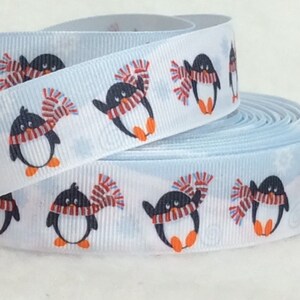 Penguins in Scarves - 1&quot; - Printed Grosgrain Ribbon - Holiday Bows - Winter Crafts - Decor - Floral - Sewing - Giftwrapping