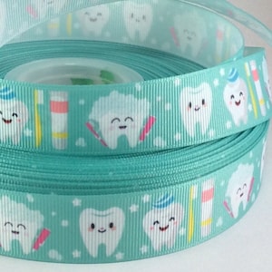 Happy Teeth - 7/8&quot; - Printed Grosgrain Ribbon - Children - Dentist - Tooth Care - Sewing