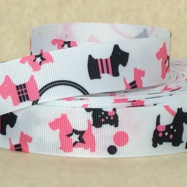 Scotties on White - 7/8" - Printed Grosgrain Ribbon - Dog Collars - Canine Crafts - Lanyards - Leashes - Sewing