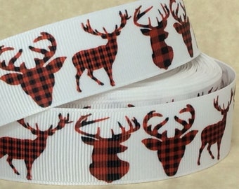 Buffalo Plaid Deer and Elk - 1" - Printed Grosgrain Ribbon - Rustic Farmhouse Decor - Holiday Decor - Hunting Crafts - Sewing