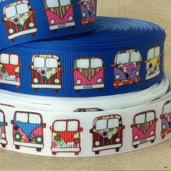 Groovy Vans - 1" - Printed Grosgrain Ribbon - Automobiles - Classic Cars - 1960s Decor - Bohemian Decor